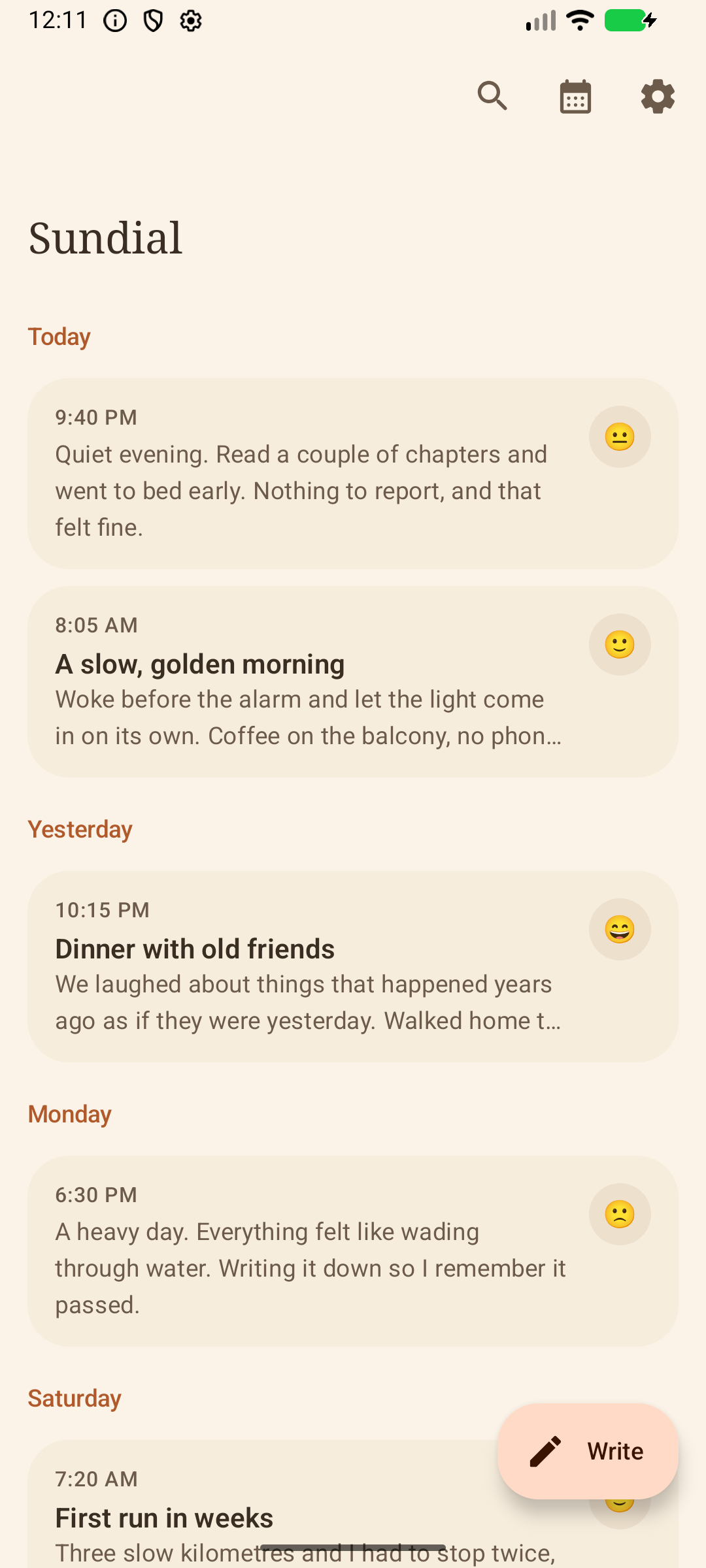 Sundial home screen showing a diary timeline