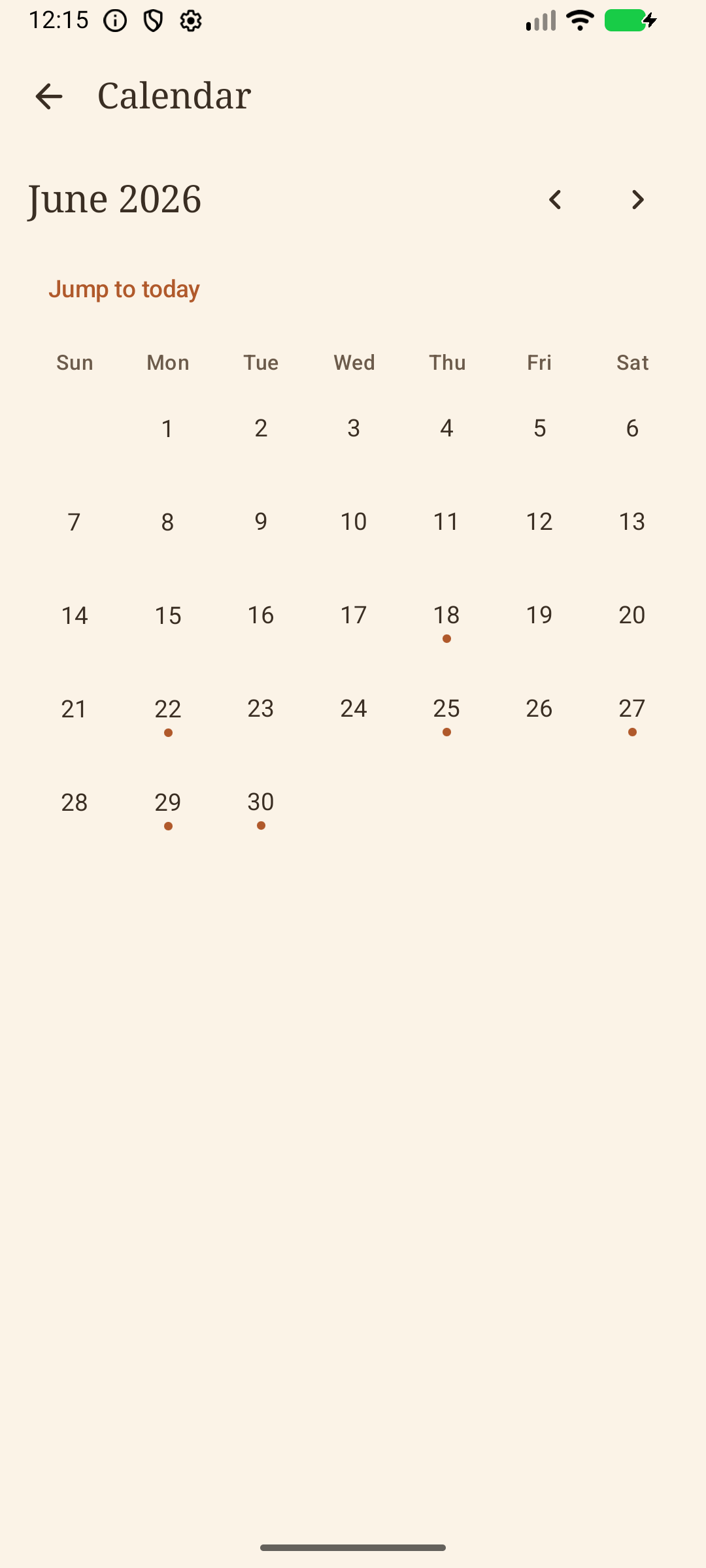 Month calendar with entry dots